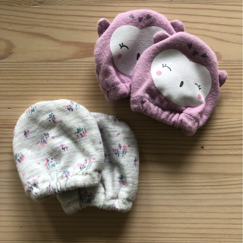 Purple Owl and Floral Newborn Mittens